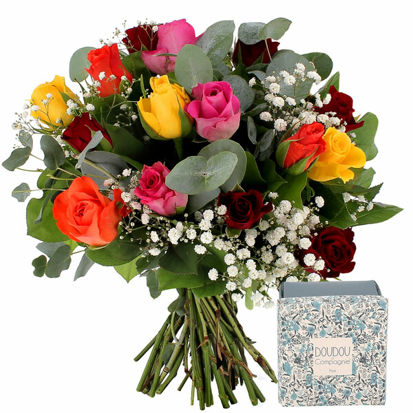 Cadeaux Naissance 15 ROSES MULTICOLORES + GYPSOPHILE + DOUDOU OURSON