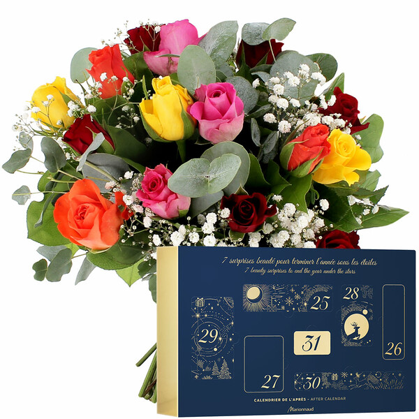 Fleurs et cadeaux 15 ROSES + GYPSOPHILE + CALENDRIER DE L'APRES