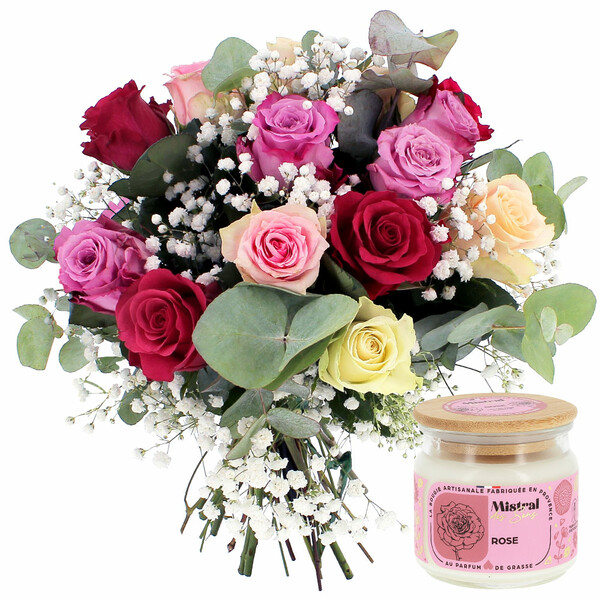 Fleurs et cadeaux FLEUR DE ROSE + BOUGIE SENTEUR ROSE