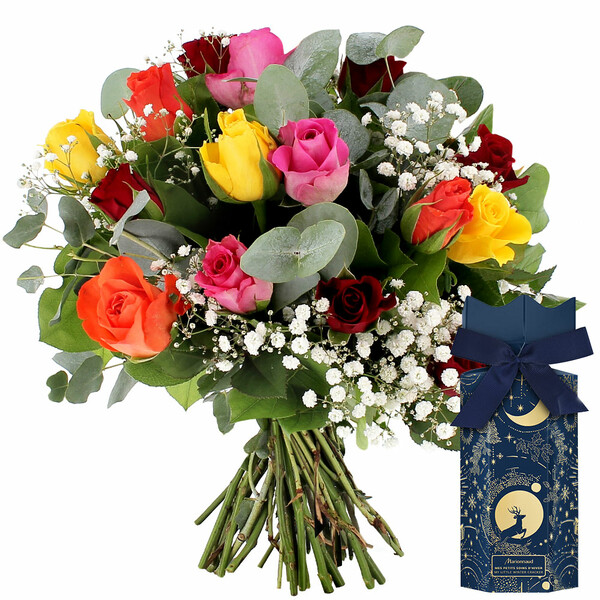 Fleurs et cadeaux 15 ROSES MULTICOLORES + GYPSOPHILE + CRACKER