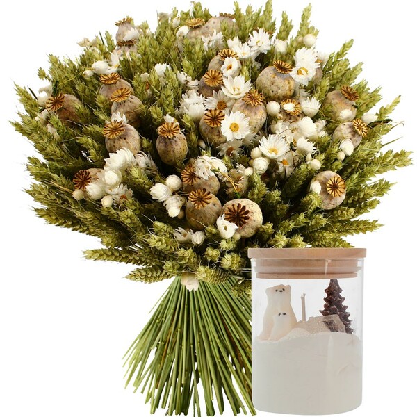 Fleurs et cadeaux BOUQUET FLEURS SECHEES BLANC + BOUGIE OURS