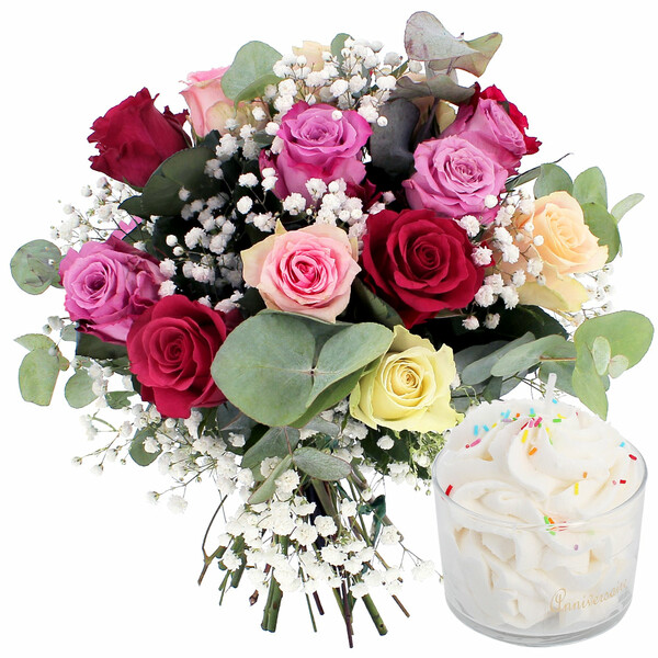 Fleurs et cadeaux FLEUR DE ROSE + BOUGIE ANNIVERSAIRE