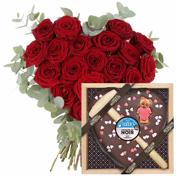 Fleurs et cadeaux COEUR DE ROSES ROUGES + CHOCOLAT À CASSER COEUR