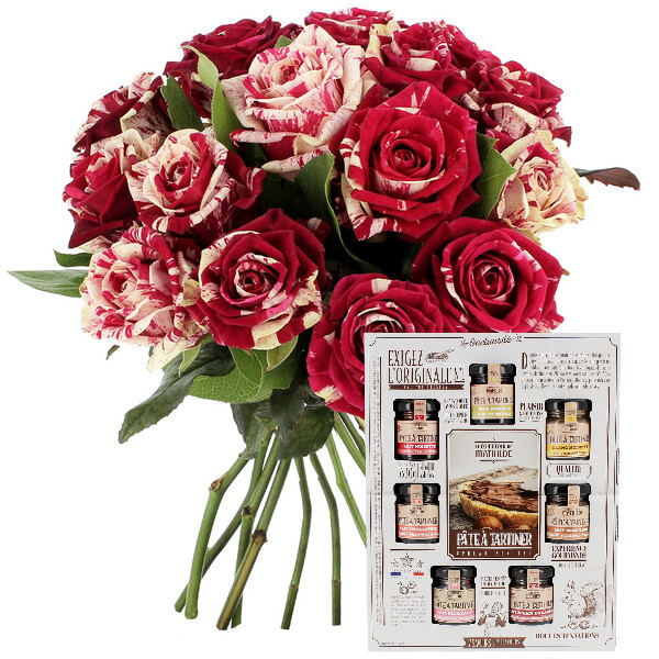 Fleurs et cadeaux 15 ROSES ARLEQUIN + COFFRET PÂTES À TARTINER
