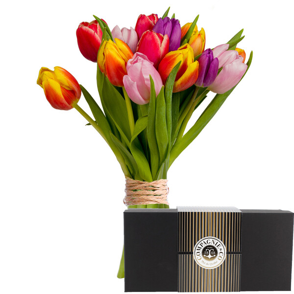 Fleurs et cadeaux 15 TULIPES MULTICOLORES + COFFRET THÉ