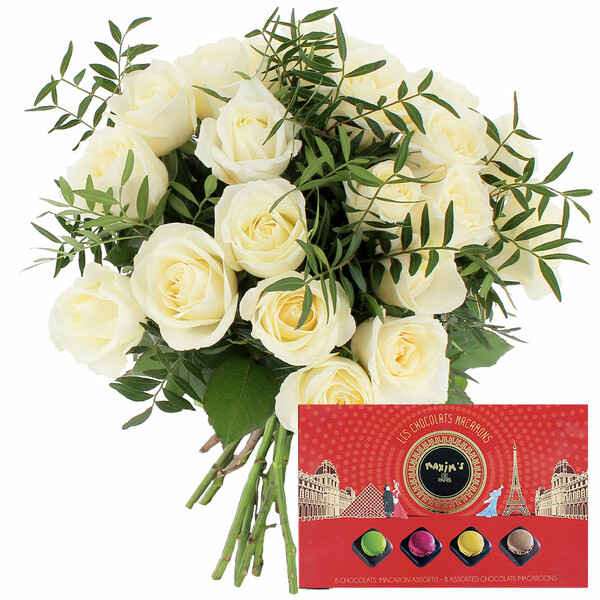 Bouquets composé 20 ROSES BLANCHES + COFFRET MACARONS