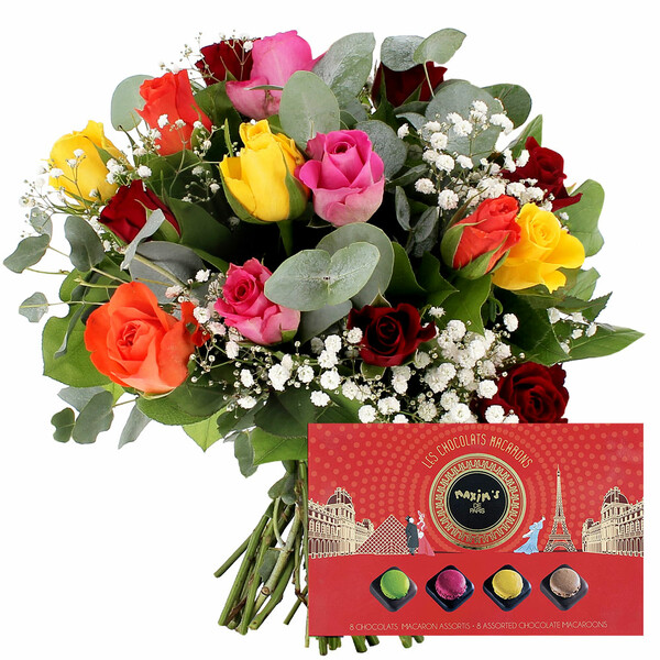 Fleurs et cadeaux 15 ROSES MULTICOLORES + COFFRET MACARONS