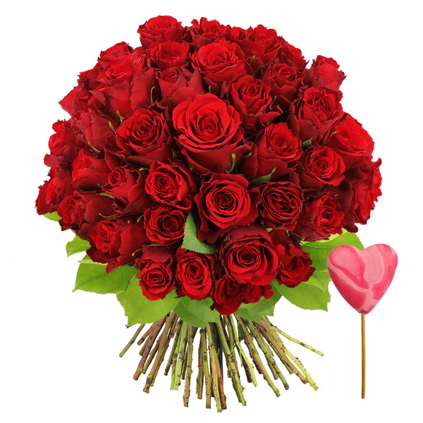 Fleurs et cadeaux BOUQUET DE 60 ROSES ROUGES + SUCETTE COEUR