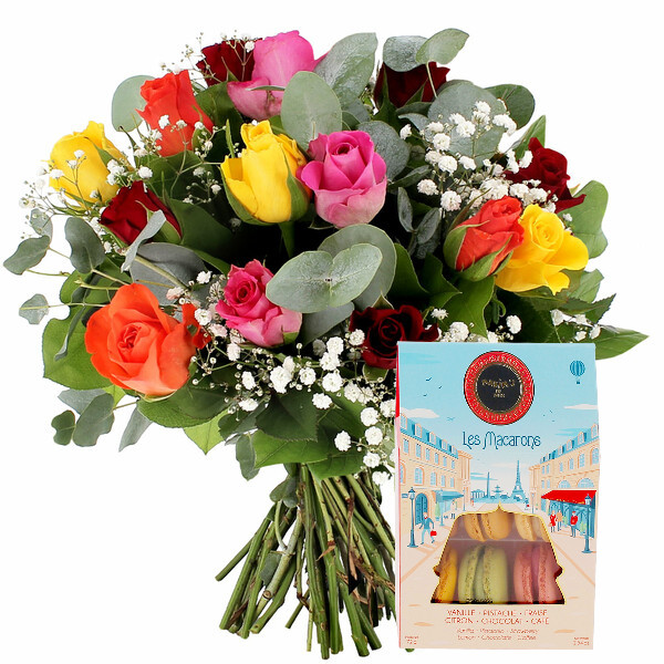 Fleurs et cadeaux 15 ROSES MULTICOLORES + GYPSOPHILE + 6 MACARONS