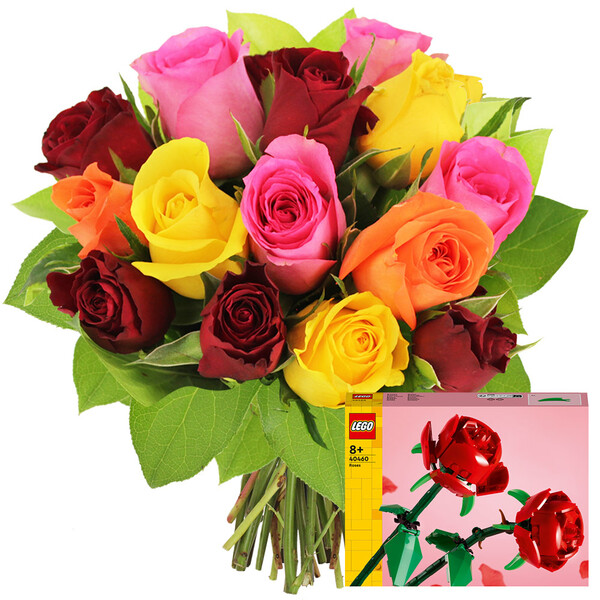 Fleurs et cadeaux BOUQUET DE 15 ROSES MULTICOLORES + LEGO®- LES ROSE