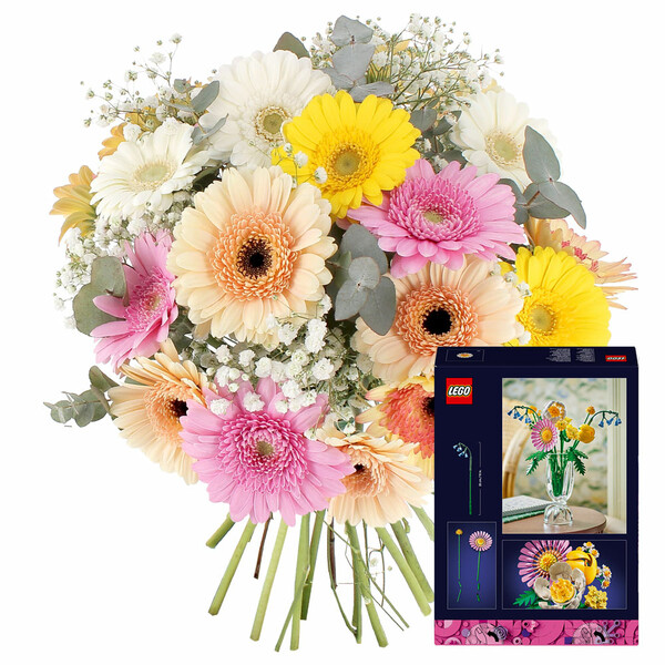 Fleurs et cadeaux GERMINIS TONS PASTEL + LEGO® - BOUQUET ENSOLEILLE