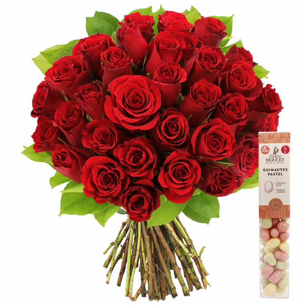 Fleurs et cadeaux BOUQUET DE 30 ROSES ROUGES + GUIMAUVES