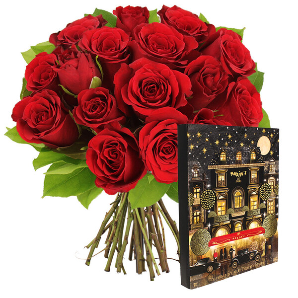 Fleurs et cadeaux BOUQUET DE 15 ROSES ROUGES + CALENDRIER DE L'AVENT