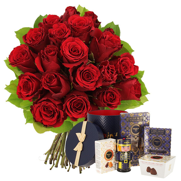 Fleurs et cadeaux BOUQUET DE 20 ROSES ROUGES + COFFRET RÉVEILLON