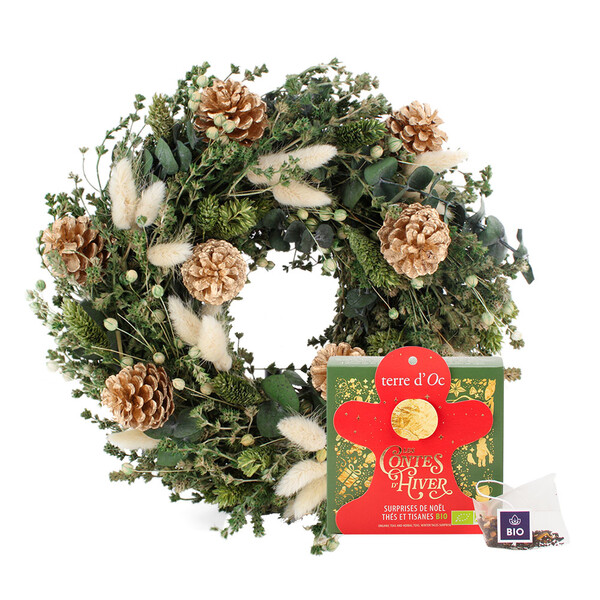 Fleurs et cadeaux COURONNE DE FLEURS SÉCHÉES DORÉES + THÉ DE NOËL