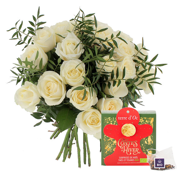 Fleurs et cadeaux 20 ROSES BLANCHES + THÉ DE NOËL
