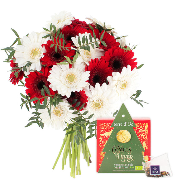 Fleurs et cadeaux BOUQUET 20 GERMINIS ROUGES ET BLANCS + THÉ DE NOËL