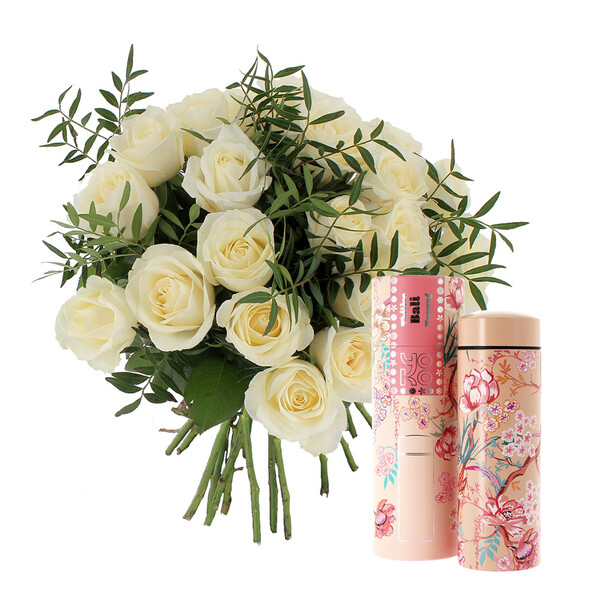 Fleurs et cadeaux 20 ROSES BLANCHES + THEIERE ISOTHERME