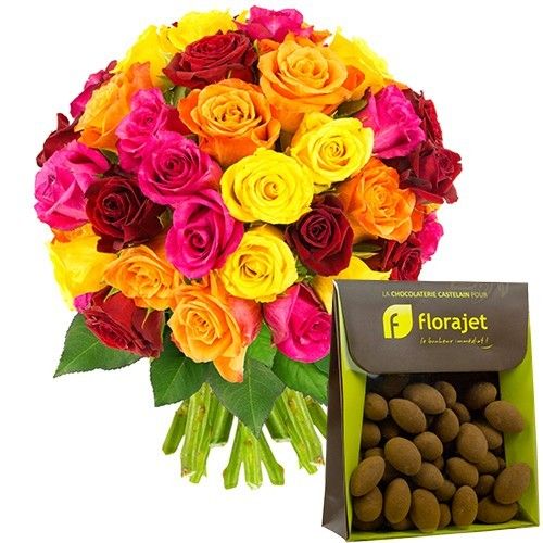 Cadeaux Gourmands 40 ROSES MULTICOLORES + AMANDES CACAOTEES