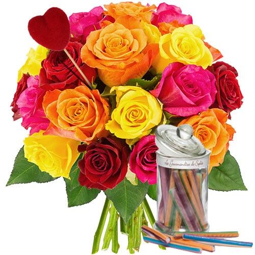 Bouquet de roses 20 ROSES MULTI + PIQUE COEUR + BOCAL BATON SUCRE
