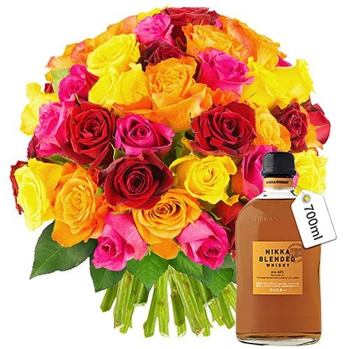 Cadeaux Gourmands 50 ROSES MULTICOLORES + WHISKY