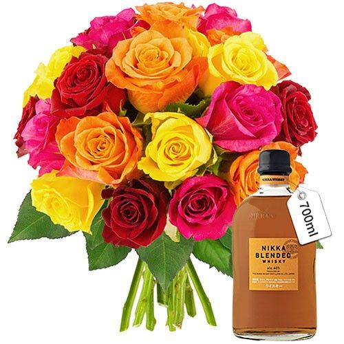 Cadeaux Gourmands 20 ROSES MULTICOLORES + WHISKY