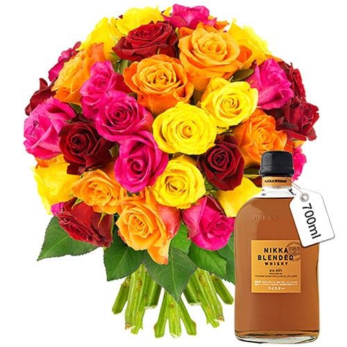 Cadeaux Gourmands 40 ROSES MULTICOLORES + WHISKY
