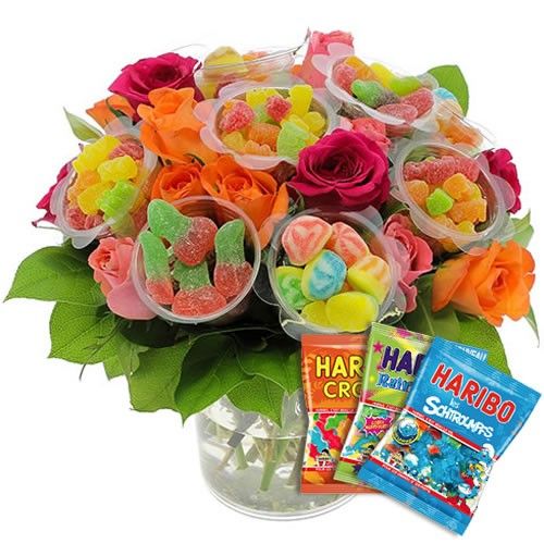 Autres 20ROSES MULTI+10BONBONS VARIES+3SACHETS HARIBO