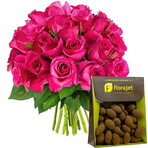 Cadeaux Gourmands 30 ROSES FUCHSIAS + AMANDES CACAOTEES
