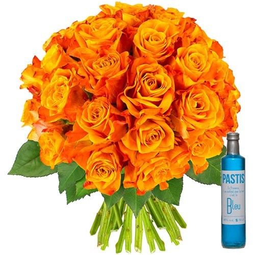 Cadeaux insolites 30 ROSES ORANGE + PASTIS BLEU