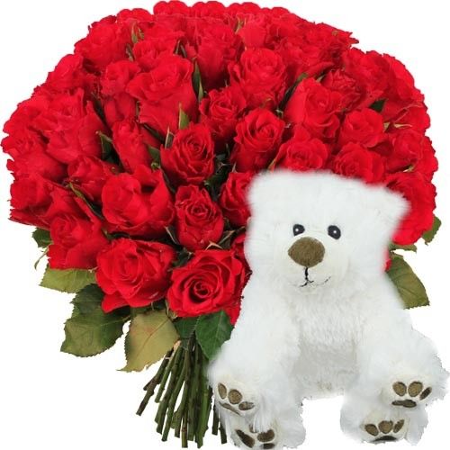 Bouquet de roses 30 ROSES ROUGES+OURS BLANC