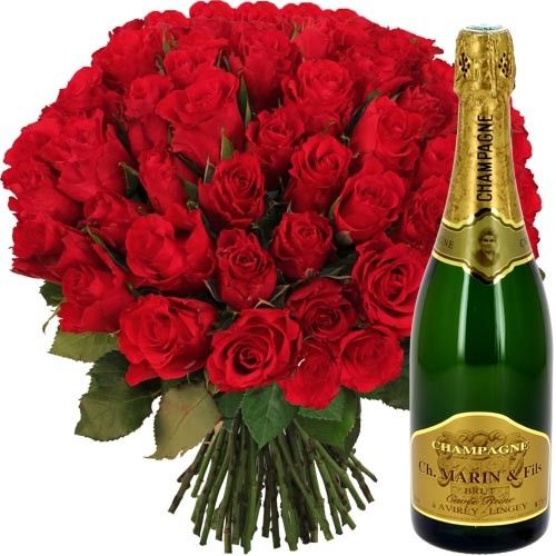 Bouquet de roses 50 ROSES ROUGES + CHAMPAGNE